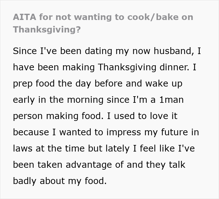 Woman Decides She&rsquo;s Done Playing Chef For Rude In-Laws, Cancels Thanksgiving As They Mock Her Food