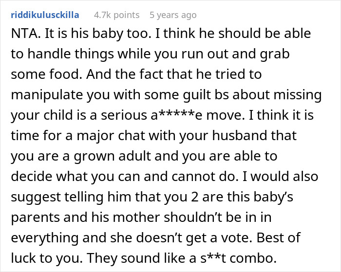 Husband Is Upset Wife Wants To Leave Him With Their Newborn For 15 Minutes While She Gets Food