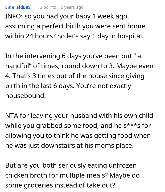 Husband Is Upset Wife Wants To Leave Him With Their Newborn For 15 Minutes While She Gets Food