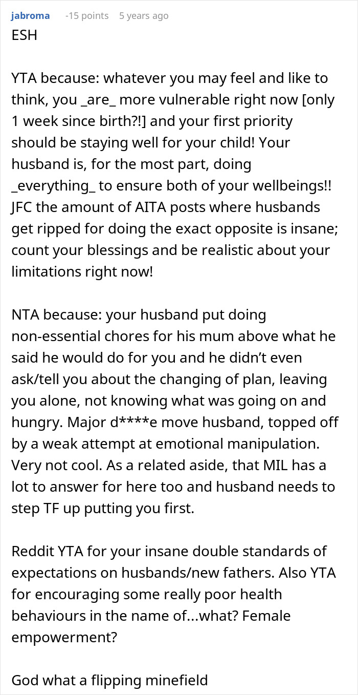 Husband Is Upset Wife Wants To Leave Him With Their Newborn For 15 Minutes While She Gets Food