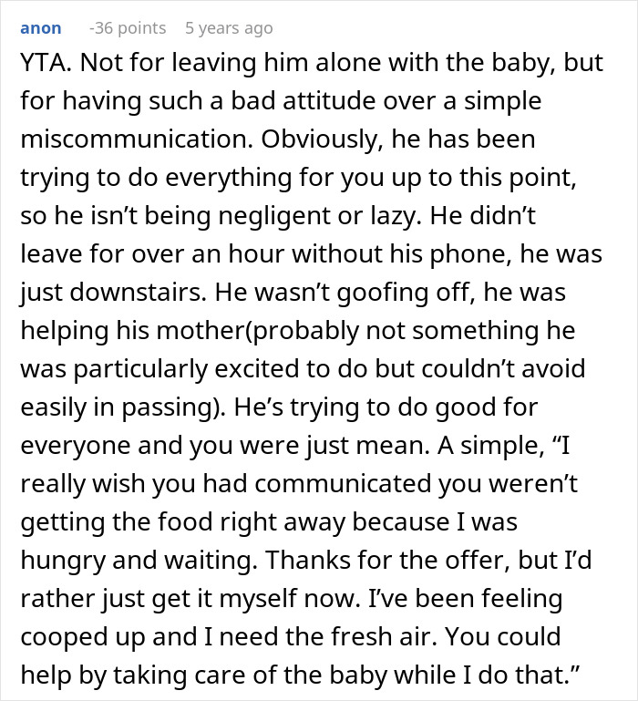 Husband Is Upset Wife Wants To Leave Him With Their Newborn For 15 Minutes While She Gets Food