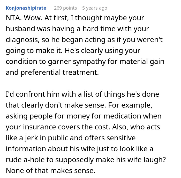 Man Treats Sick Wife As A Cash Cow And Uses Her Diagnosis To Get Free Stuff, Parking Spots, And Money