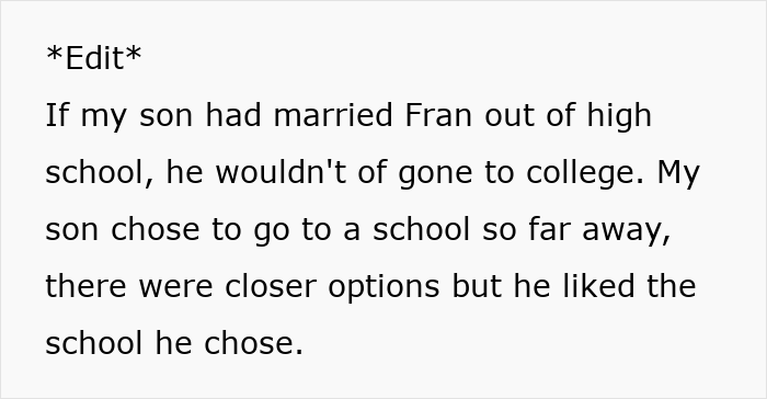 Mom Urges Son Not To Marry GF Straight After High School, GF-Turned-Fiancée Holds A Grudge For Years Mom Urges Son Not To Marry GF Straight After High School, GF-Turned-Fiancée Holds A Grudge For Years