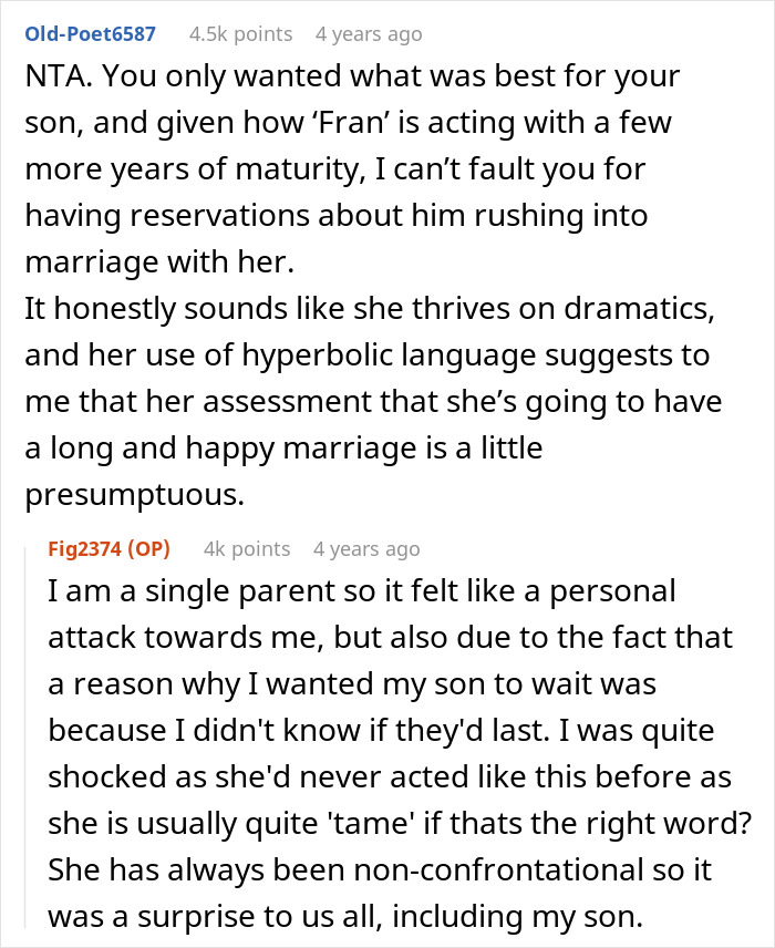 Mom Urges Son Not To Marry GF Straight After High School, GF-Turned-Fiancée Holds A Grudge For Years Mom Urges Son Not To Marry GF Straight After High School, GF-Turned-Fiancée Holds A Grudge For Years