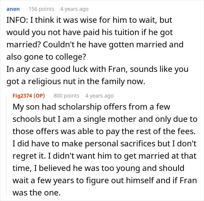 Mom Urges Son Not To Marry GF Straight After High School, GF-Turned-Fiancée Holds A Grudge For Years Mom Urges Son Not To Marry GF Straight After High School, GF-Turned-Fiancée Holds A Grudge For Years