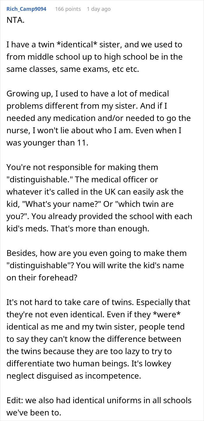 Parent Refuses To Make Their Twins Less Similar So The School Could Distinguish Them Easier