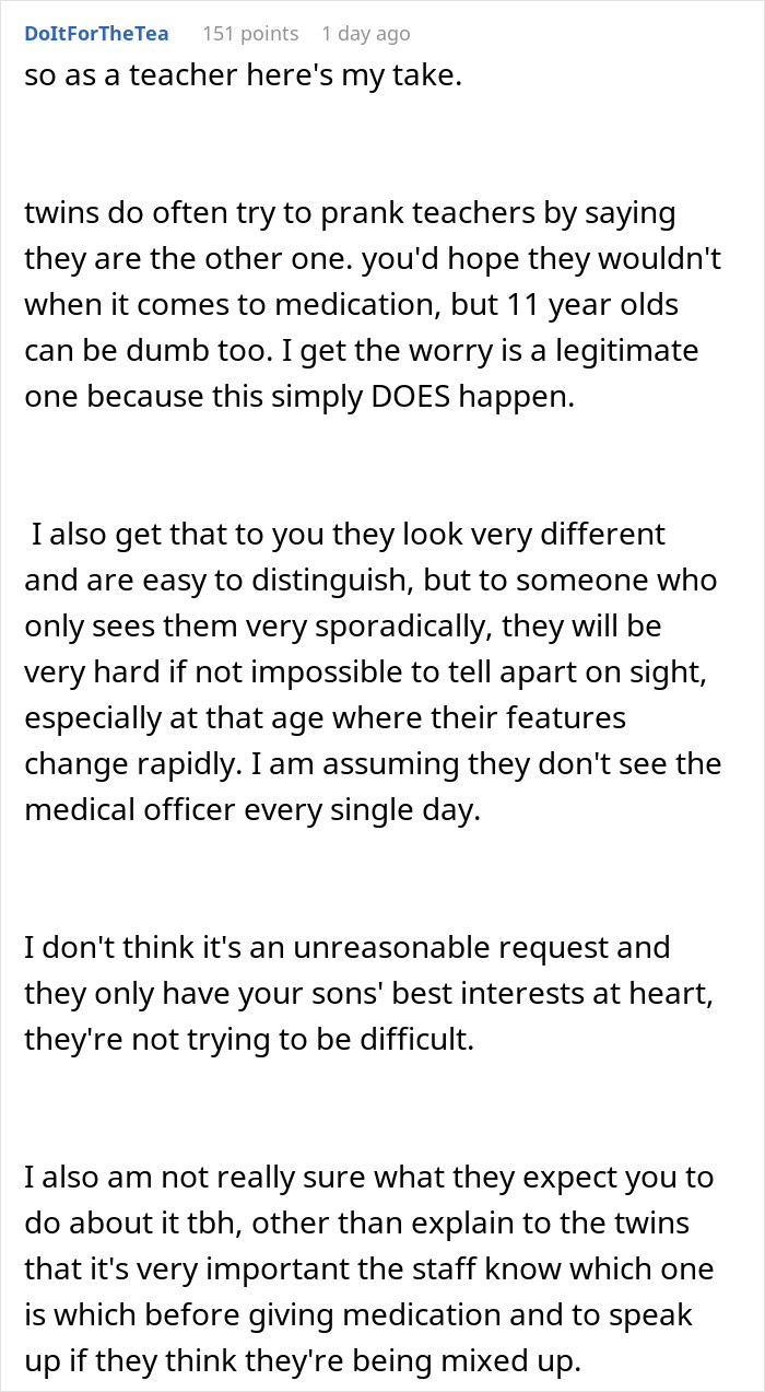 Parent Refuses To Make Their Twins Less Similar So The School Could Distinguish Them Easier