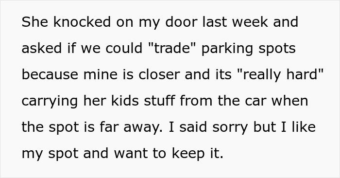 New Neighbor Eyes Person’s Parking Place, Hijacks It Even After They Refuse To Switch Spots