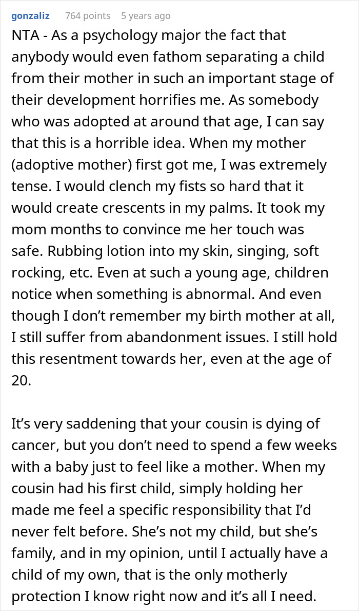 Cousin With Cancer Wants To Borrow Baby To Experience Motherhood: “It’s Really Creepy” Cousin With Cancer Wants To Borrow Baby To Experience Motherhood: “It’s Really Creepy”