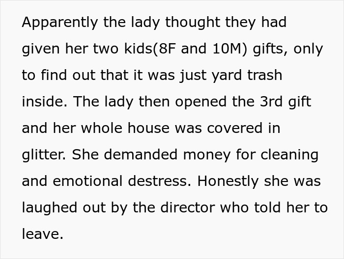 Woman’s House Is Flooded With Glitter After She Steals A Gift With A Hidden Surprise, Demands Compensation