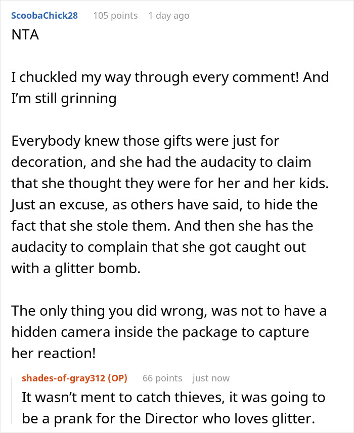 Woman’s House Is Flooded With Glitter After She Steals A Gift With A Hidden Surprise, Demands Compensation