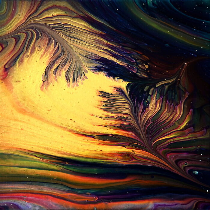 Feathers Of Light: Wrecked Straight Pour Acrylic Painting