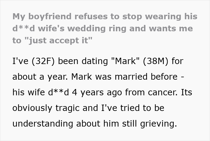 Woman Gets A Brutal Reality Check After Asking Widower Boyfriend To Take Off His Wedding Ring