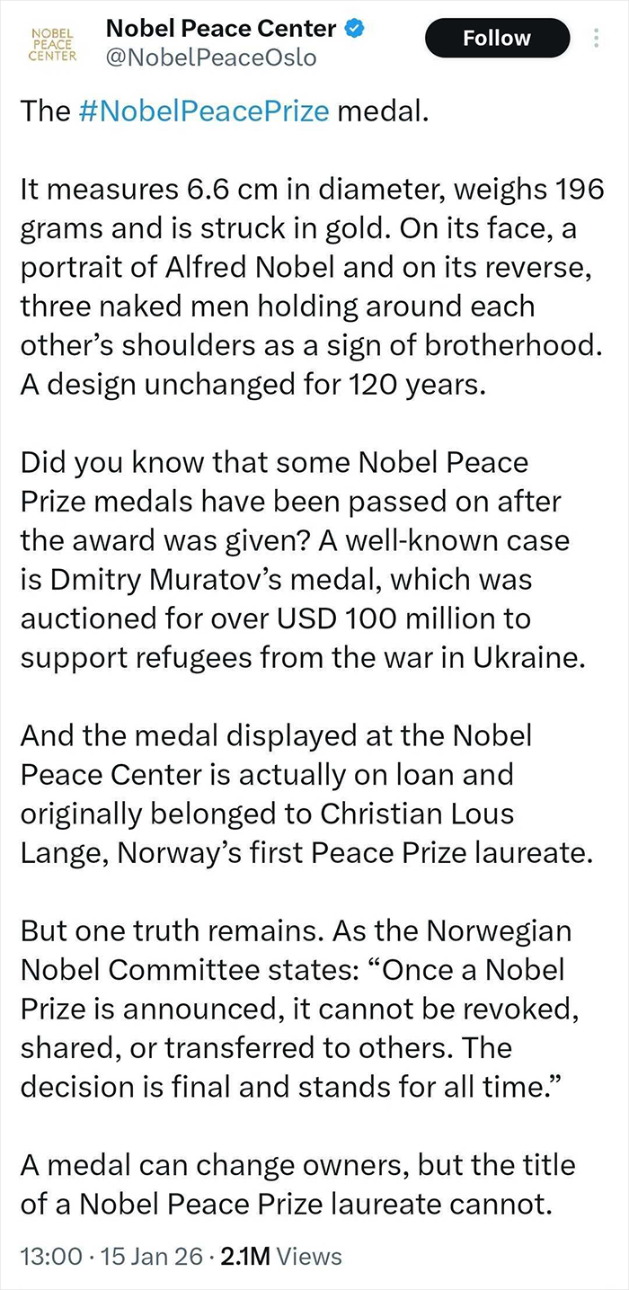 Nobel Committee Breaks Silence After Peace Prize Recipient Gifts Her Medal To Trump