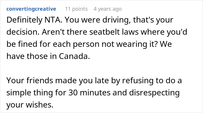 Woman Refuses To Drive Until All Friends Buckle Seat Belts, They Hold Grudge Over Ruined Road Trip Woman Refuses To Drive Until All Friends Buckle Seat Belts, They Hold Grudge Over Ruined Road Trip