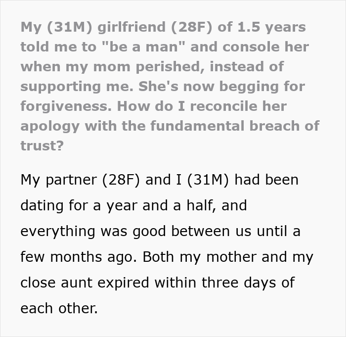 Lady Turns Grieving BF&rsquo;s Loss Into Her Drama, Demands He &ldquo;Man Up&rdquo; And Console Her For Losing MIL