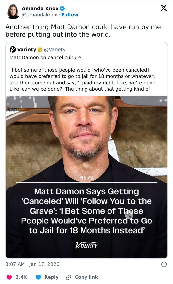 Amanda Knox Slams Matt Damon Over Cancel Culture Comments As She Reignites Feud Amanda Knox Slams Matt Damon Over Cancel Culture Comments As She Reignites Feud