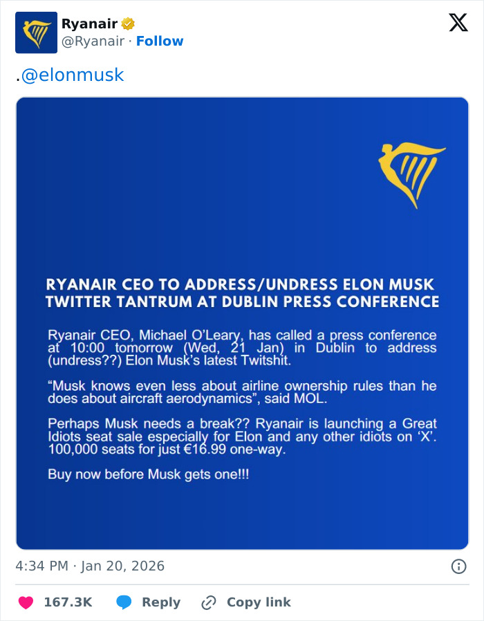 Ryanair Posts Hilariously Brutal Takedown Of Elon Musk In Response To His “Twitter Tantrum” Ryanair Posts Hilariously Brutal Takedown Of Elon Musk In Response To His “Twitter Tantrum”