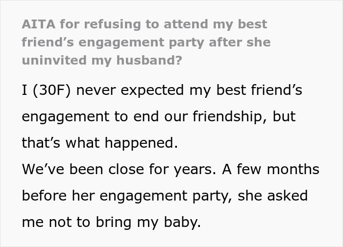 Woman Bans Only Best Friend’s Baby And Husband From Her Engagement Party, Blows Up Their Friendship Woman Bans Only Best Friend’s Baby And Husband From Her Engagement Party, Blows Up Their Friendship