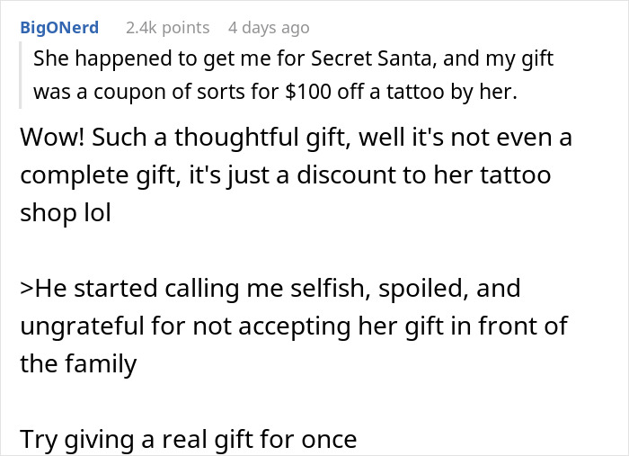 “Ultimate Narcissist”: Woman Gives $100 Off A Tattoo Made By Her As Gift, Mad As SIL Won’t Use It “Ultimate Narcissist”: Woman Gives $100 Off A Tattoo Made By Her As Gift, Mad As SIL Won’t Use It
