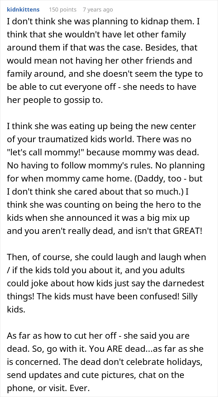 Woman Can’t Believe MIL Convinced Her Kids That She Passed Away While She Was At A Funeral Woman Can’t Believe MIL Convinced Her Kids That She Passed Away While She Was At A Funeral