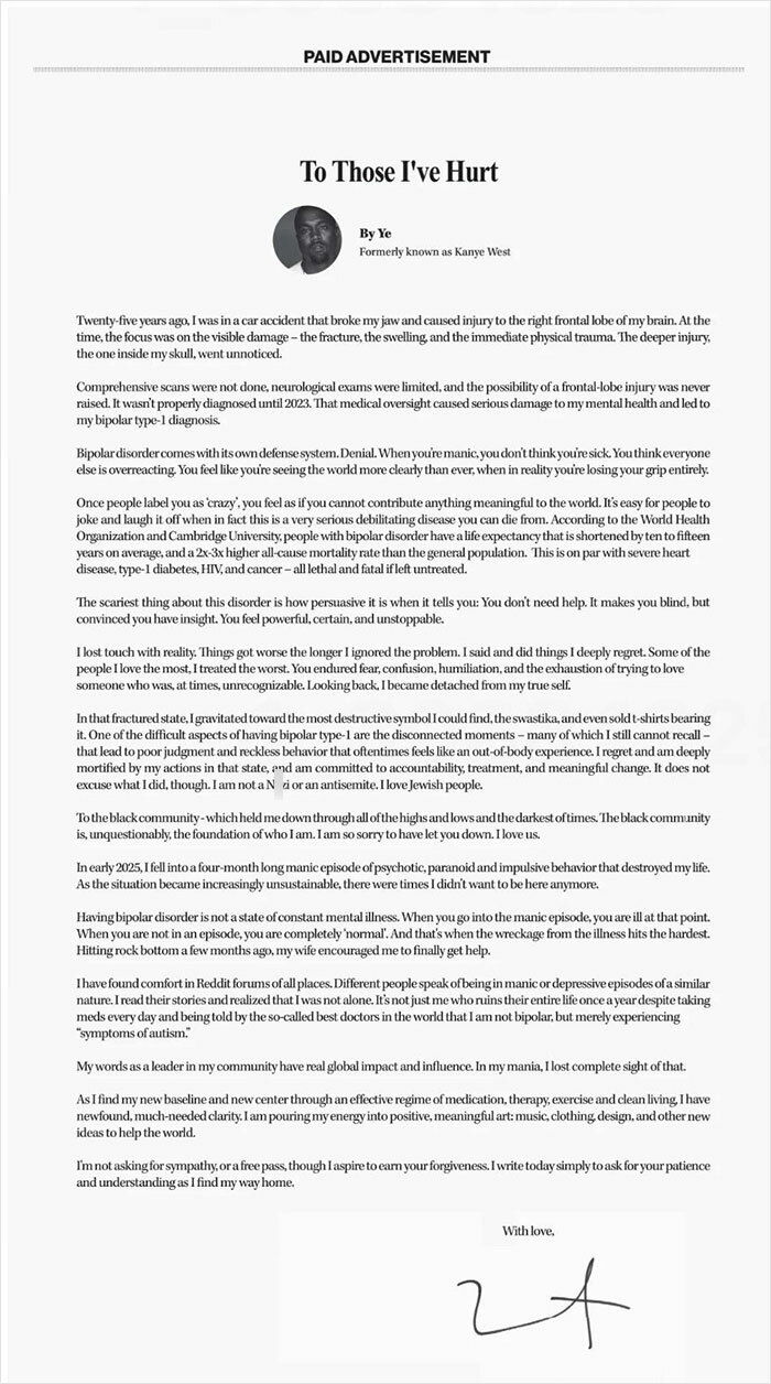 Kanye West Reveals Health Battle In Full-Page Ad In The Wall Street Journal, Deeply Apologizes Kanye West Reveals Health Battle In Full-Page Ad In The Wall Street Journal, Deeply Apologizes