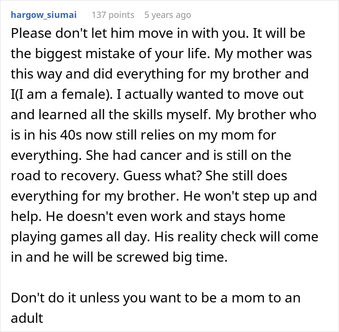 Man Wants To Move Straight From Mom’s House Into GF’s Without Learning A Single Chore, Gets A Reality Check Man Wants To Move Straight From Mom’s House Into GF’s Without Learning A Single Chore, Gets A Reality Check