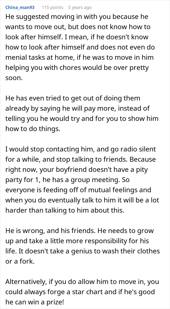 Man Wants To Move Straight From Mom’s House Into GF’s Without Learning A Single Chore, Gets A Reality Check Man Wants To Move Straight From Mom’s House Into GF’s Without Learning A Single Chore, Gets A Reality Check
