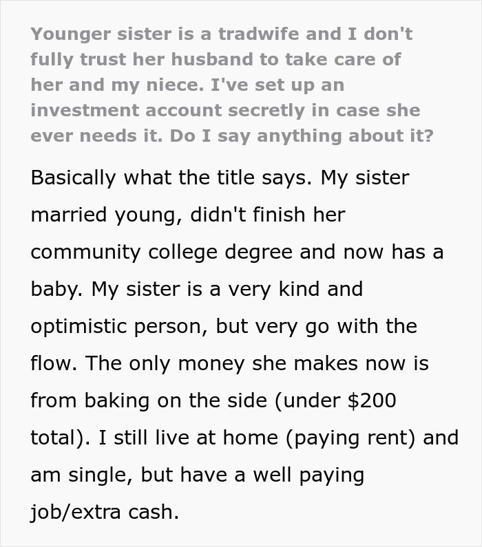 Woman Worried About Sister Who Became A Tradwife, Starts A Fund For Her But Keeps It A Secret
