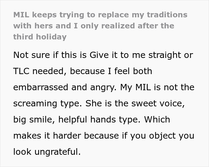 Manipulative MIL Uses Fake Kindness To Steamroll DIL, Ruins Every Single Holiday Tradition She Has Manipulative MIL Uses Fake Kindness To Steamroll DIL, Ruins Every Single Holiday Tradition She Has
