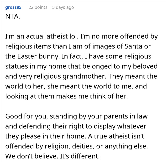 Woman Demands In-Laws Take Down Religious Stuff As It Affects Her Atheism, Mad That They Refuse