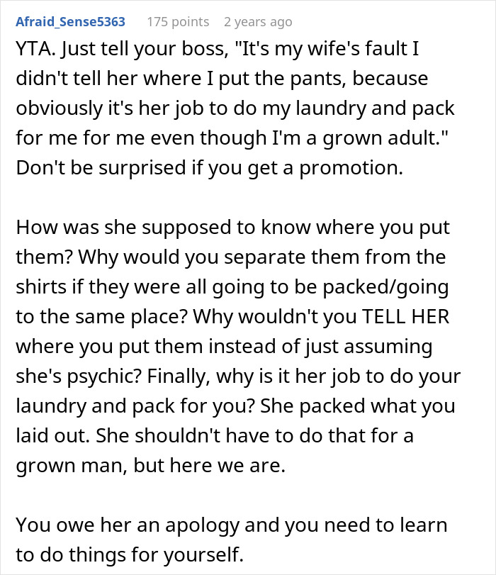 Man Tries To Blame Wife For Having No Slacks For His Business Trip, Internet Is Not Having It