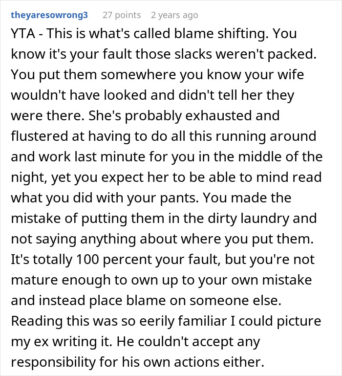 Man Tries To Blame Wife For Having No Slacks For His Business Trip, Internet Is Not Having It