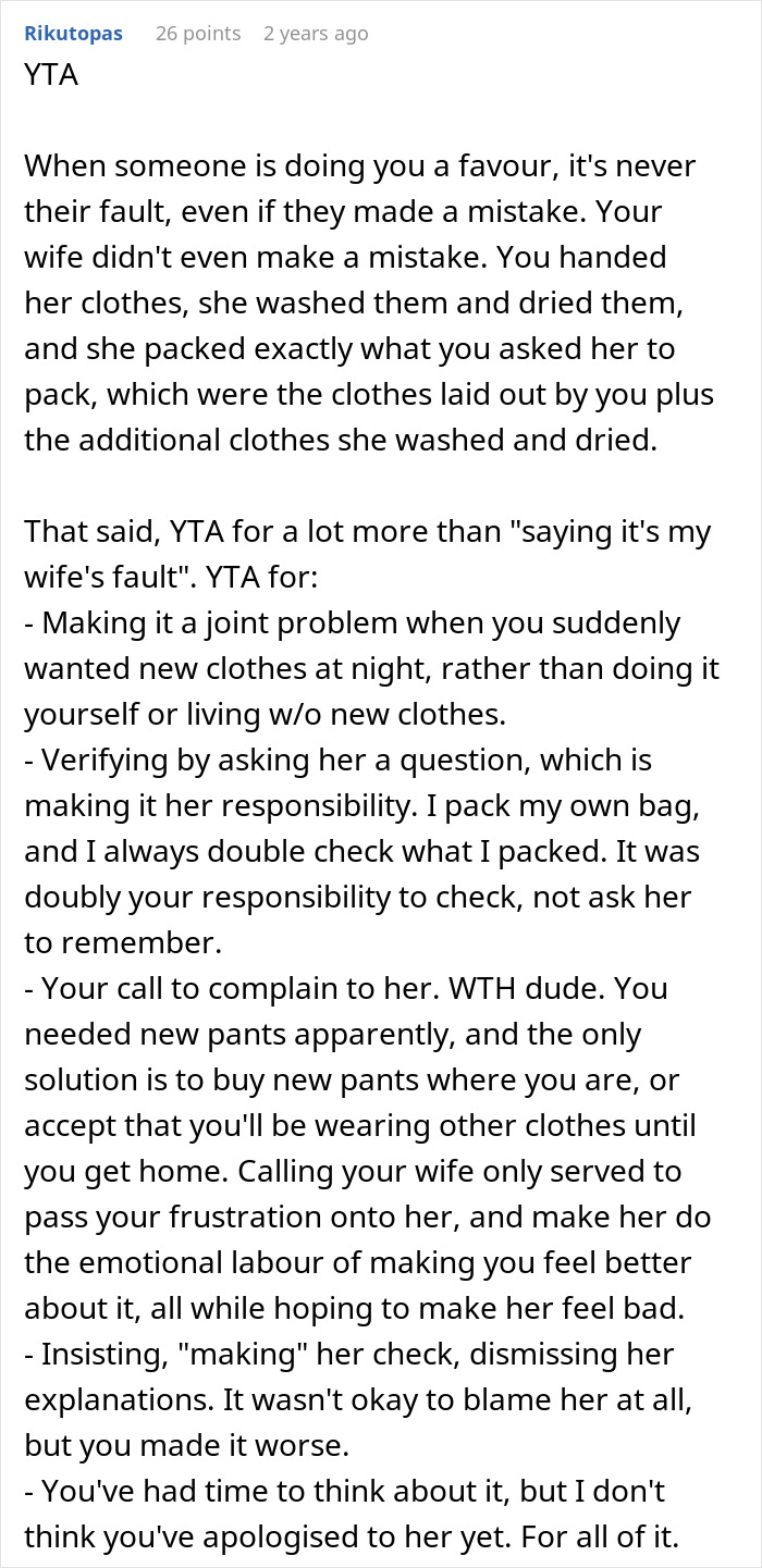Man Tries To Blame Wife For Having No Slacks For His Business Trip, Internet Is Not Having It
