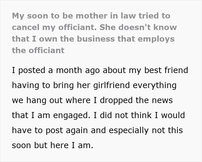Bride Discovers MIL Tried To Get Officiant To Leave, Not Realizing Bride Is Officiant’s Employer Bride Discovers MIL Tried To Get Officiant To Leave, Not Realizing Bride Is Officiant’s Employer