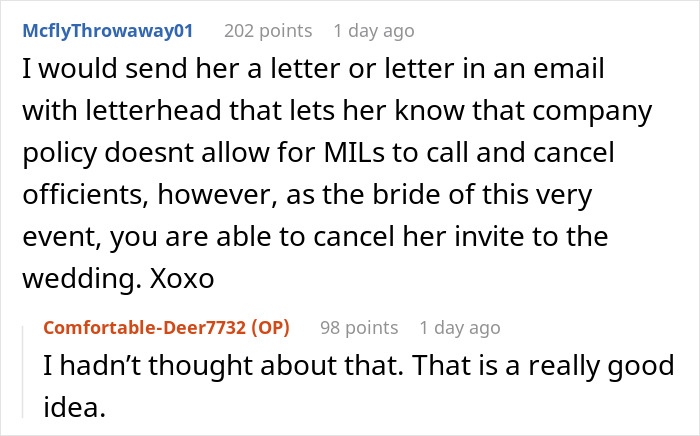 Bride Discovers MIL Tried To Get Officiant To Leave, Not Realizing Bride Is Officiant’s Employer Bride Discovers MIL Tried To Get Officiant To Leave, Not Realizing Bride Is Officiant’s Employer