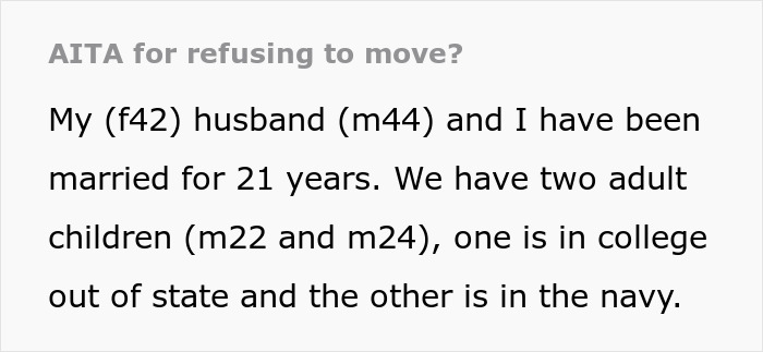 Woman Refuses To Move Again After Spending Decades Relocating For Husband’s Career Woman Refuses To Move Again After Spending Decades Relocating For Husband’s Career