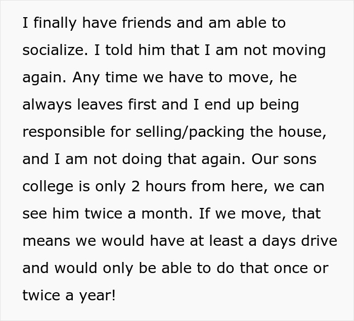 Woman Refuses To Move Again After Spending Decades Relocating For Husband’s Career Woman Refuses To Move Again After Spending Decades Relocating For Husband’s Career