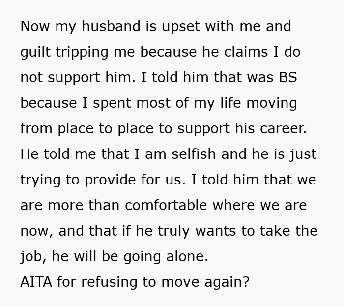 Woman Refuses To Move Again After Spending Decades Relocating For Husband’s Career Woman Refuses To Move Again After Spending Decades Relocating For Husband’s Career