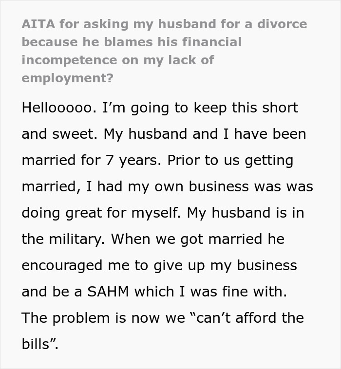 Husband Blames SAHM Wife For Financial Problems, Tells Her To Get A Job, She Gets Divorced Instead Husband Blames SAHM Wife For Financial Problems, Tells Her To Get A Job, She Gets Divorced Instead