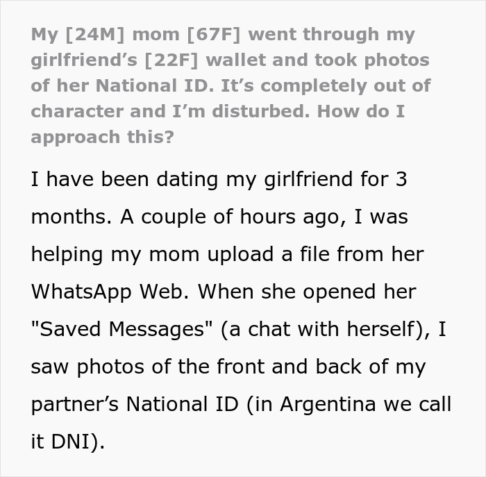 &ldquo;I&rsquo;m Disturbed&rdquo;: Guy&rsquo;s Mother Secretly Goes Through His GF&rsquo;s Wallet, Takes Photos Of Her ID
