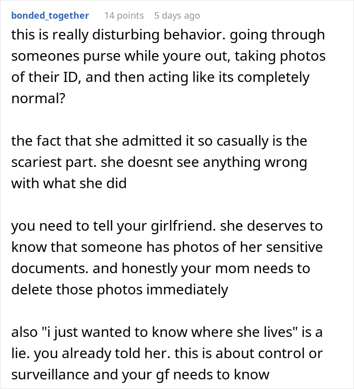 &ldquo;I&rsquo;m Disturbed&rdquo;: Guy&rsquo;s Mother Secretly Goes Through His GF&rsquo;s Wallet, Takes Photos Of Her ID