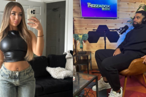 tiegan rudge holding a phone and jono brown at a podcast