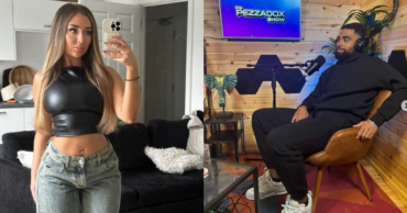 tiegan rudge holding a phone and jono brown at a podcast