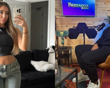 tiegan rudge holding a phone and jono brown at a podcast