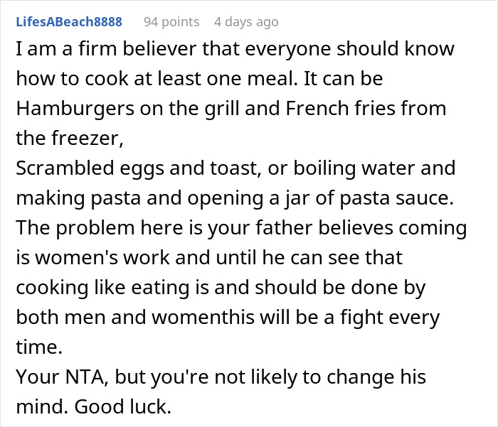 Entitled Dad And Son Expect Daughter To Cook For Them, Mad As She Refuses To Enable Their Laziness Entitled Dad And Son Expect Daughter To Cook For Them, Mad As She Refuses To Enable Their Laziness