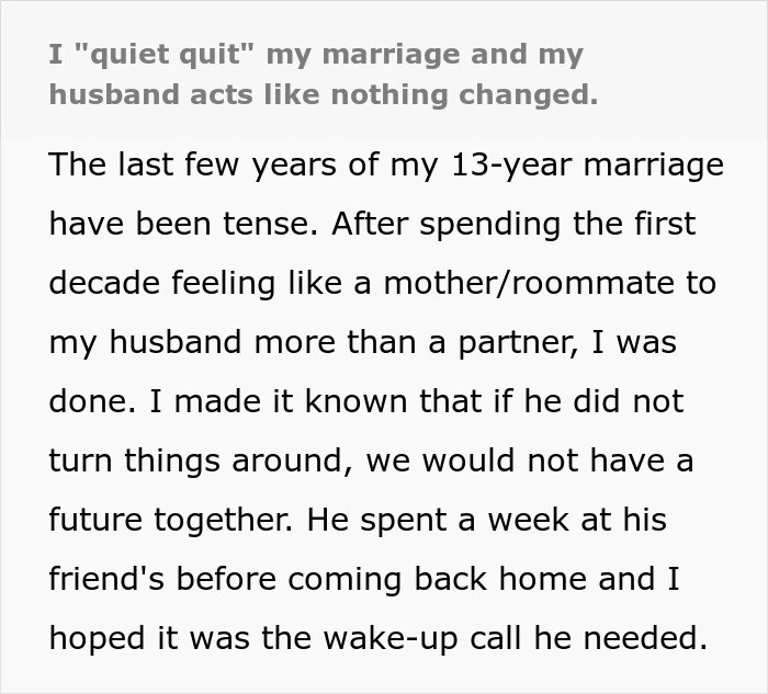 “Co-Parenting Roommates”: A Manchild Ends Up Causing His Wife To “Quiet Quit” Their Marriage “Co-Parenting Roommates”: A Manchild Ends Up Causing His Wife To “Quiet Quit” Their Marriage
