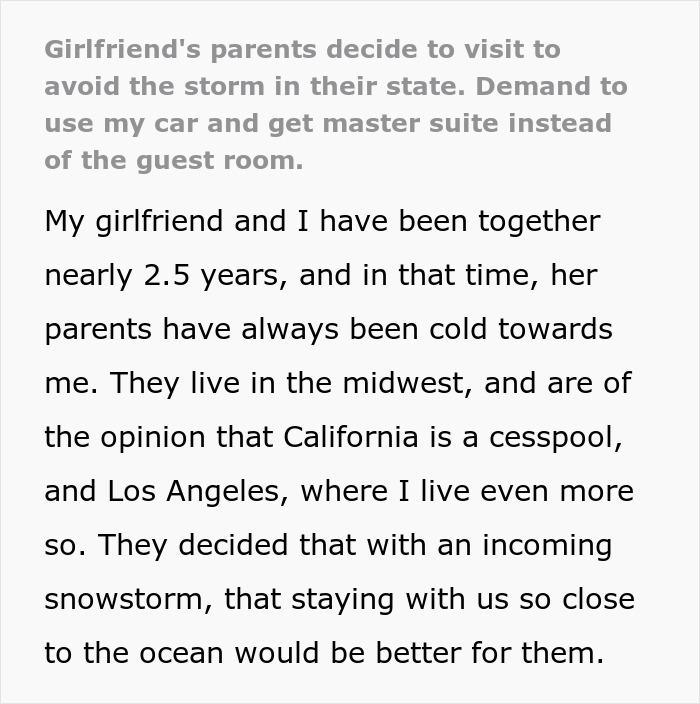 GF’s Parents Come For A Visit, Problems Begin When They Insist On Having Suite Bedroom And BF’s Car GF’s Parents Come For A Visit, Problems Begin When They Insist On Having Suite Bedroom And BF’s Car