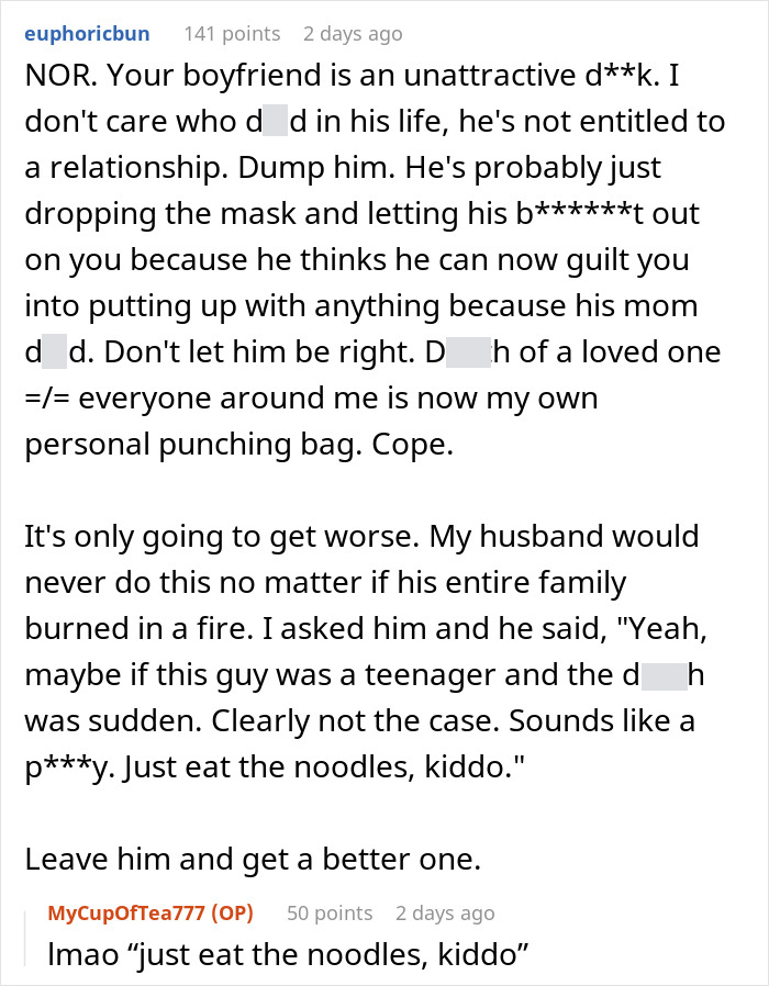 Woman Brings Leftovers To Support Boyfriend In Mourning, Gets Berated Over “Inedible” Food