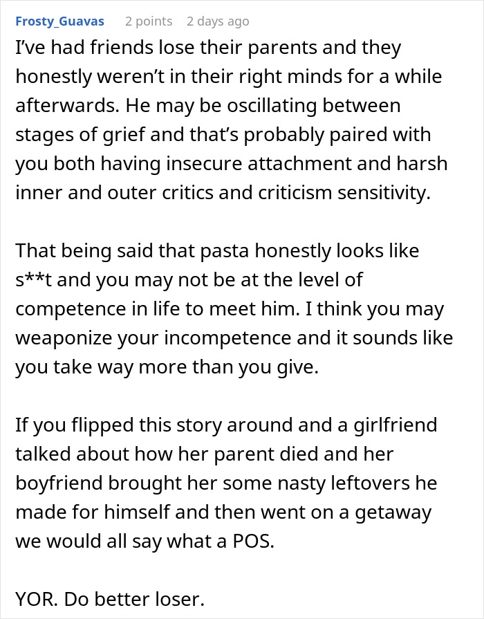 Woman Brings Leftovers To Support Boyfriend In Mourning, Gets Berated Over “Inedible” Food